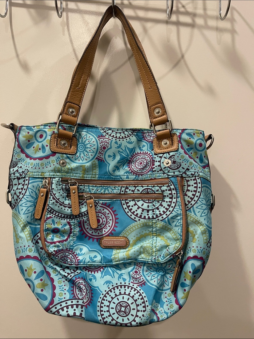 Tyler Rodan Turquoise Patterned Tote with Tan Handles